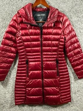 Calvin Klein Packable Down Blend Puffer Coat Hooded Burgundy Womens S